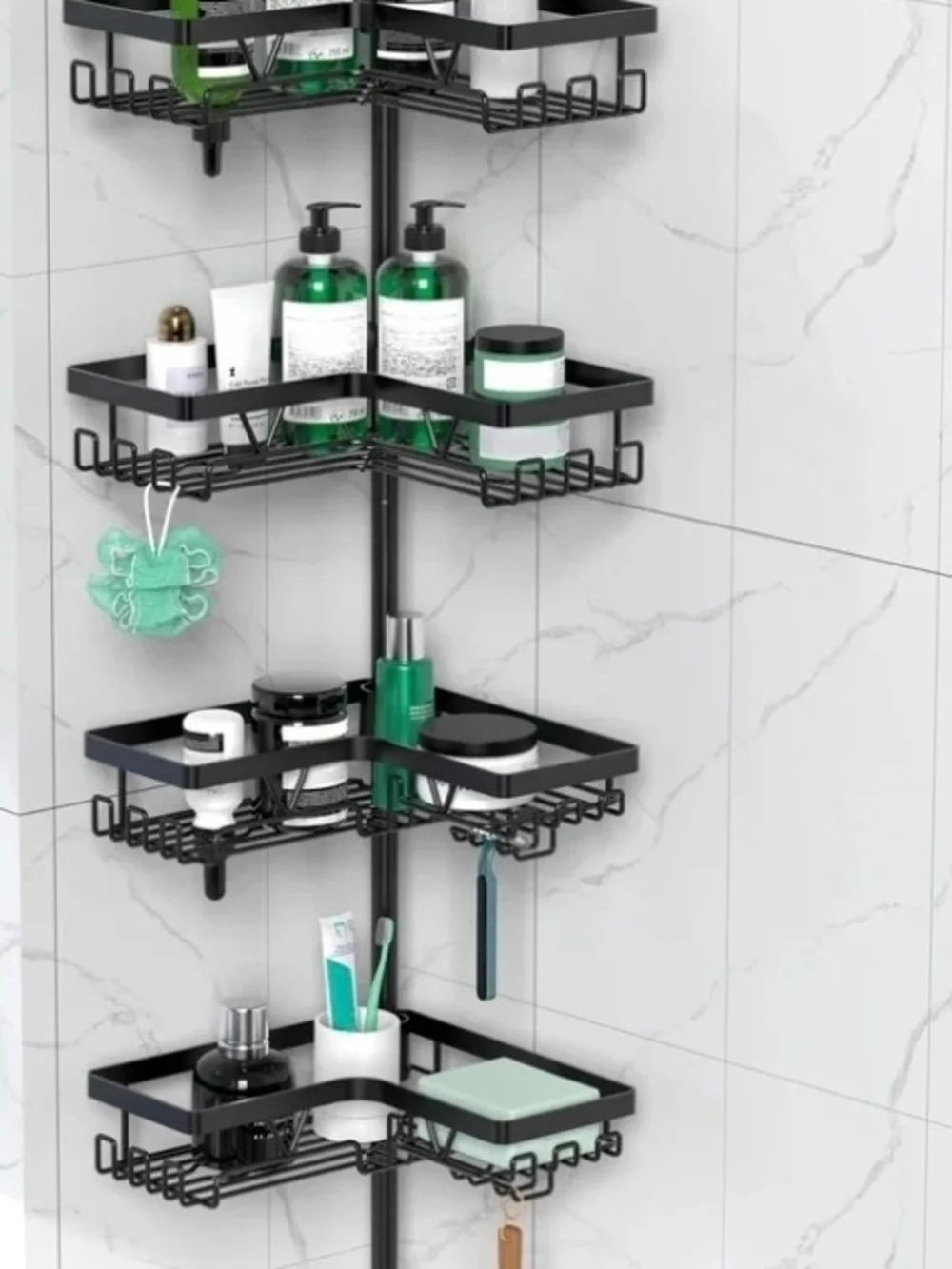 4-Tier Black Corner Shower Caddy with Hooks